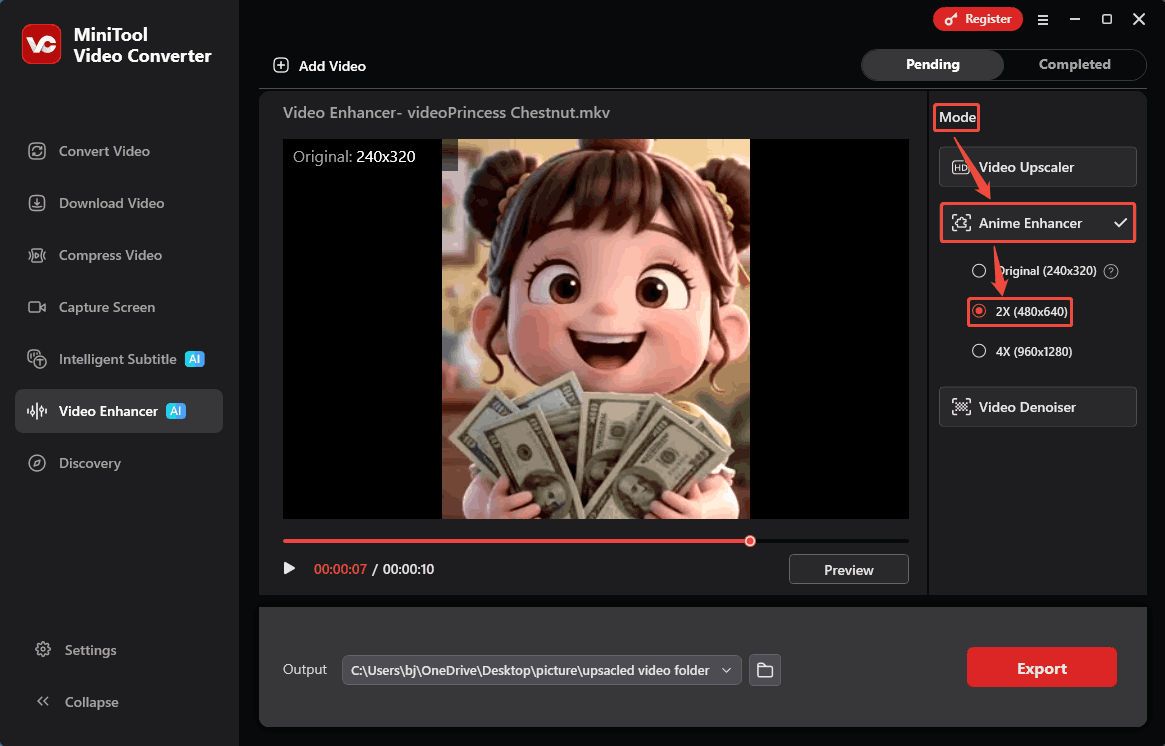 MiniTool Video Converter Mode section showing how to choose an enhancement level in the Video Enhancer tab.