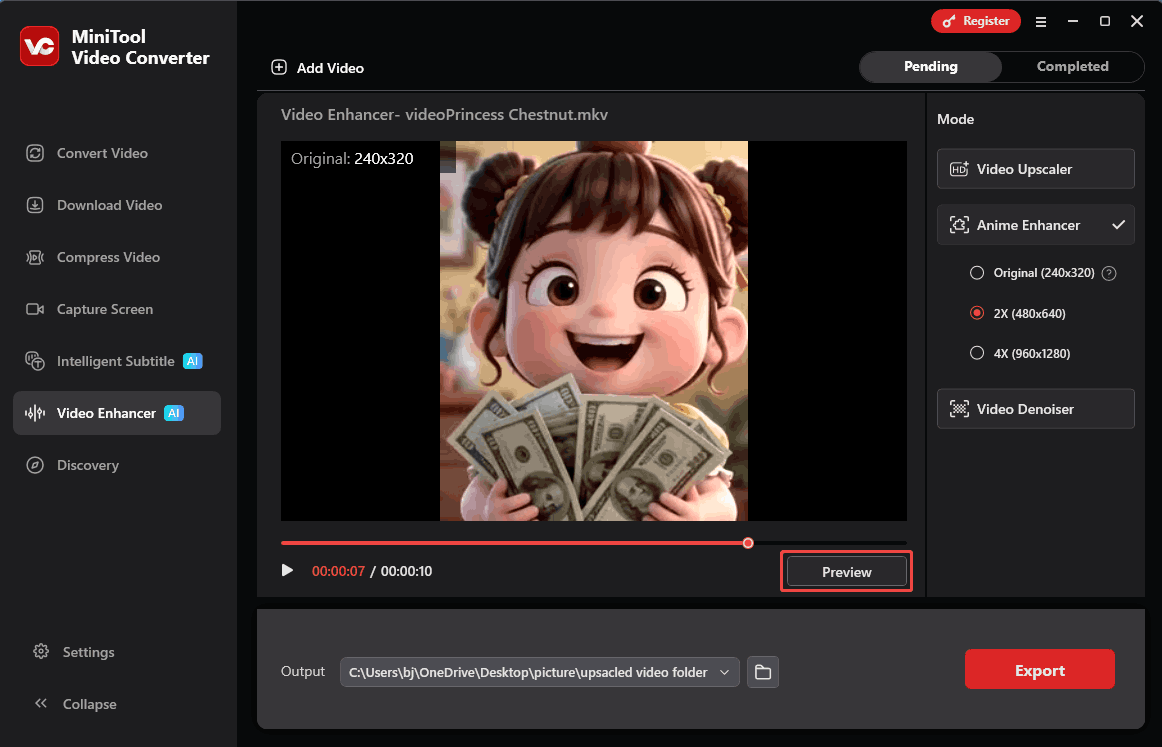 MiniTool Video Converter interface with the Preview button selected in the Video Enhancer tab.