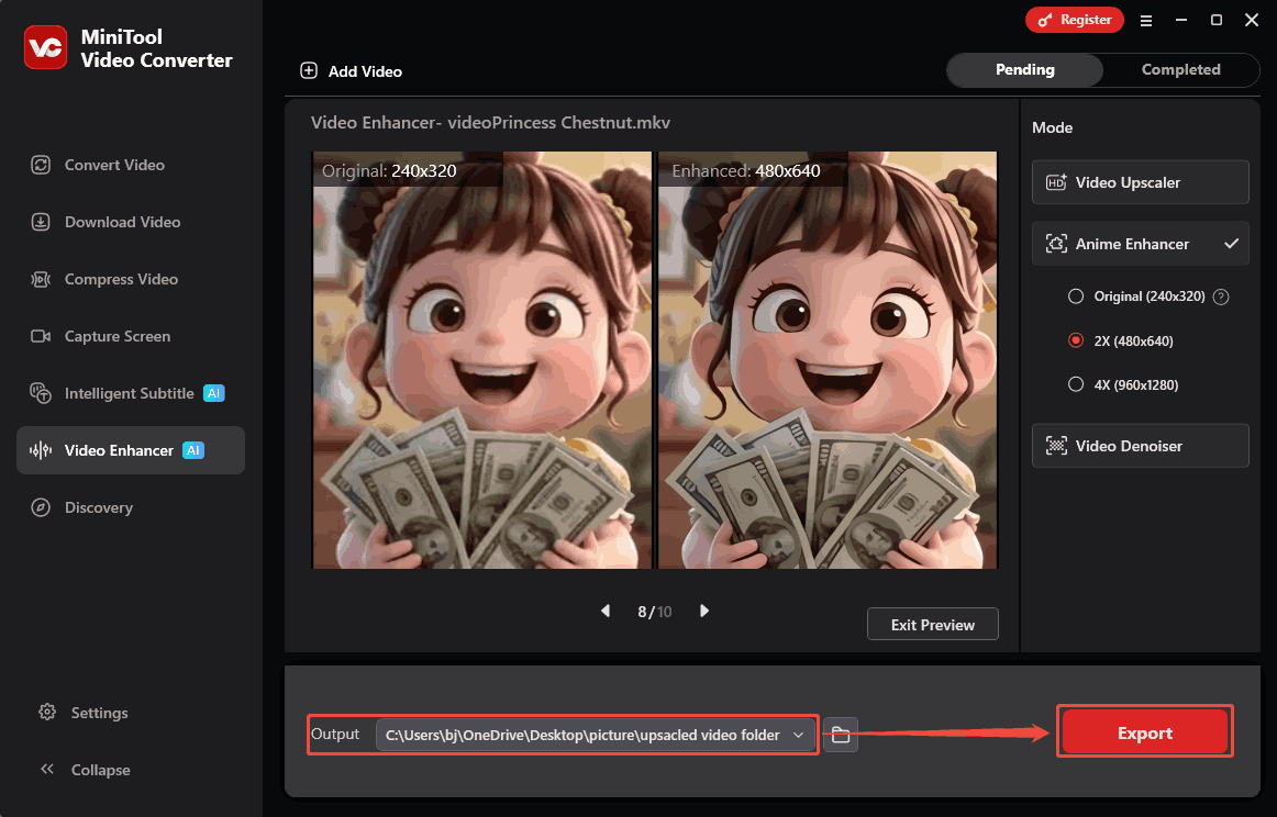 MiniTool Video Converter interface with the Output option and the Export button selected in the Video Enhancer tab.