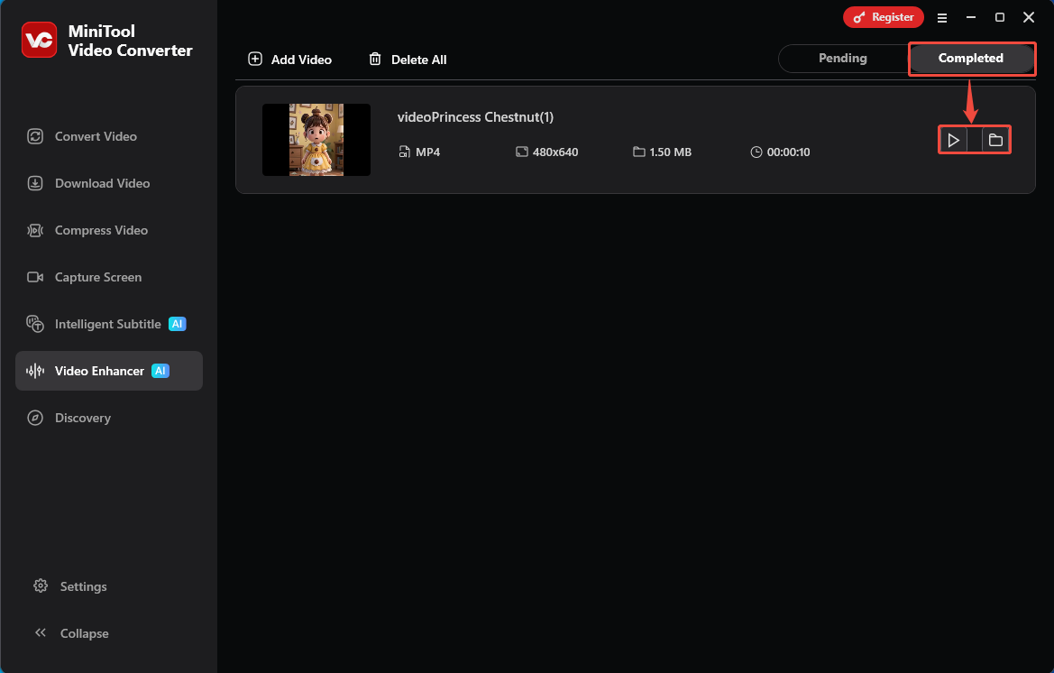 MiniTool Video Converter Completed tab with the Play icon and the Folder icon selected in the Video Enhancer tab.