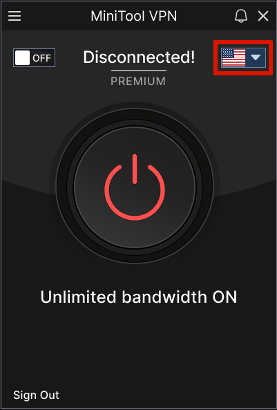 MiniTool VPN interface with the inverted triangle selected at the top right.