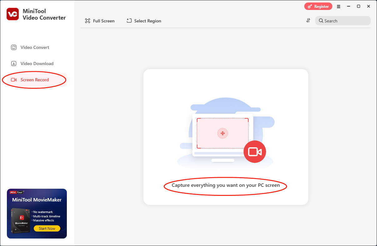 Click on the Capture everything you want on your PC screen in MiniTool Video Converter to enter the MiniTool Screen Recorder window.