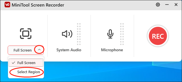 Expand the drop-down menu in MiniTool Screen Recorder and click on Select Region to choose the recording area.