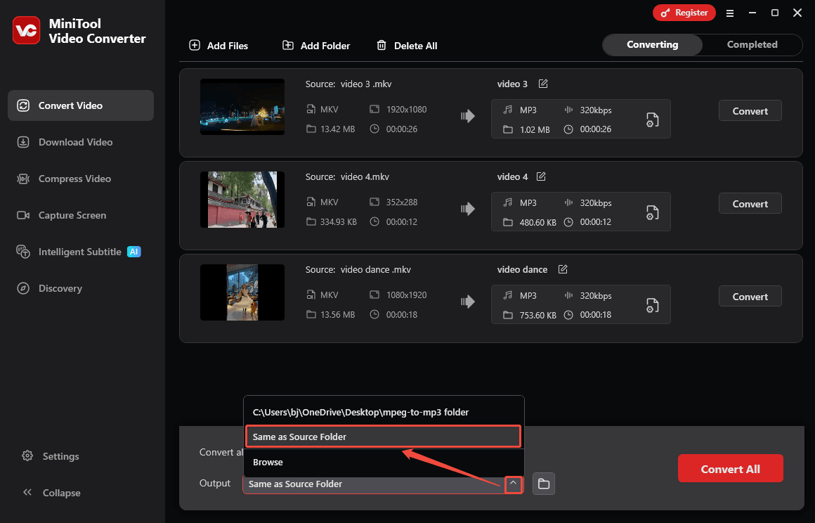 MiniTool Video Converter interface showing how to set a saving path for the converted videos in the Convert Video tab.