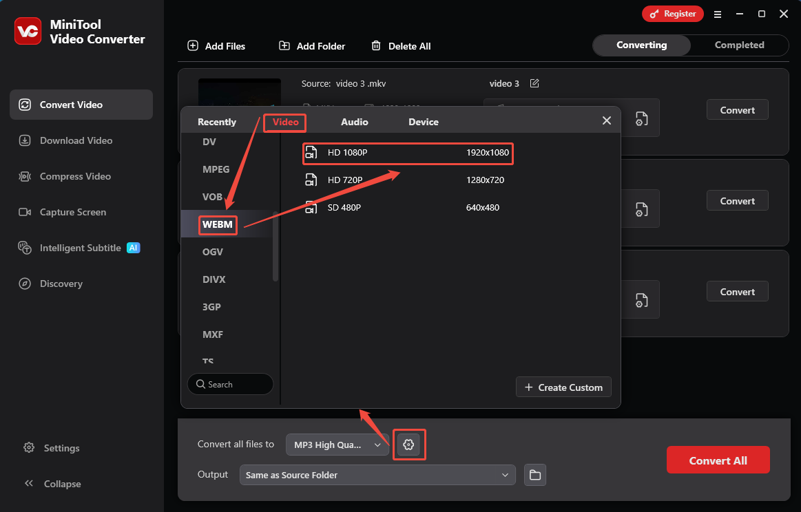MiniTool Video Converter output format settings showing how to set WebM as the output format in the Convert Video tab.
