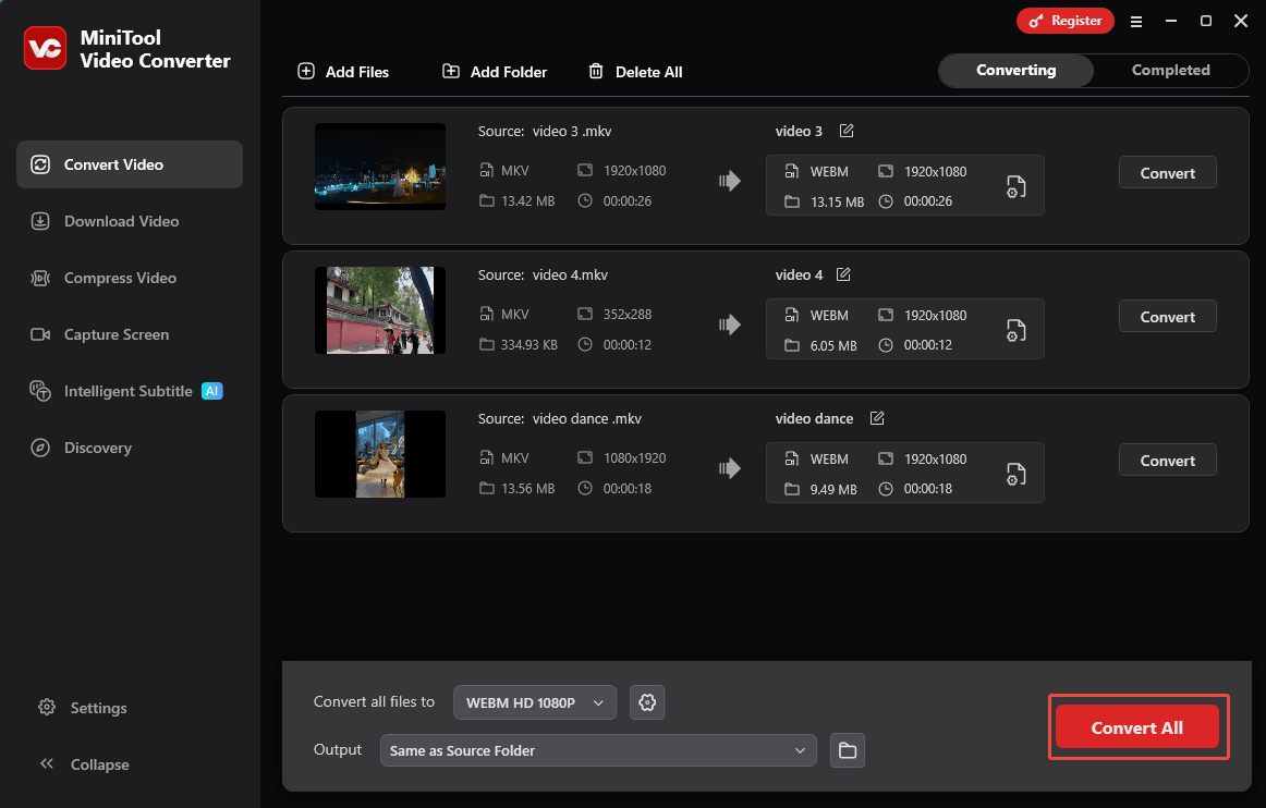 MiniTool Video Converter interface with the Convert All button selected in the Convert Video tab.