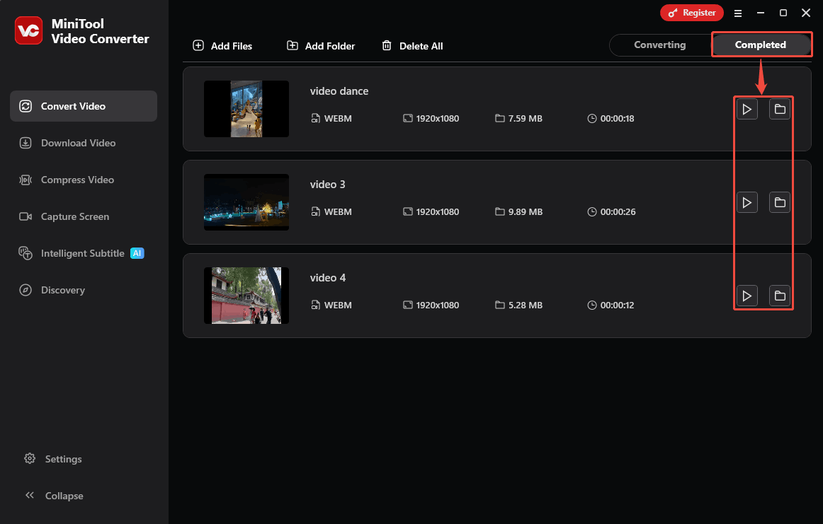 MiniTool Video Converter Completed tab with the Play icons and the Folder icons selected in the Convert Video tab.