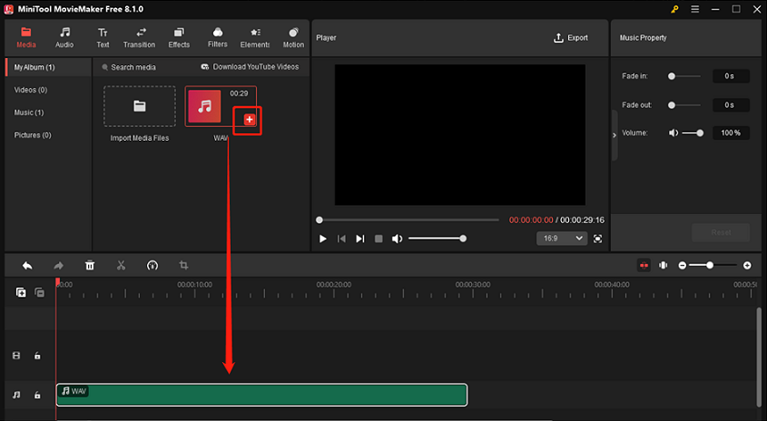 MiniTool MovieMakerでプラスアイコンをクリックしている様子