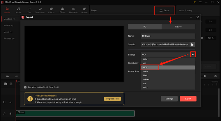 MiniTool MovieMakerでMOVを出力形式として設定している様子