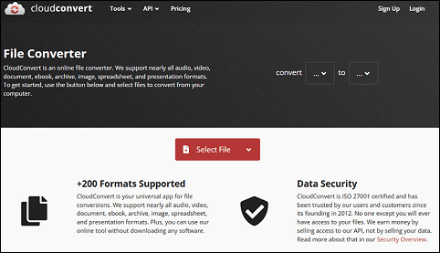 CloudConvertのメインインターフェイスが表示される画面