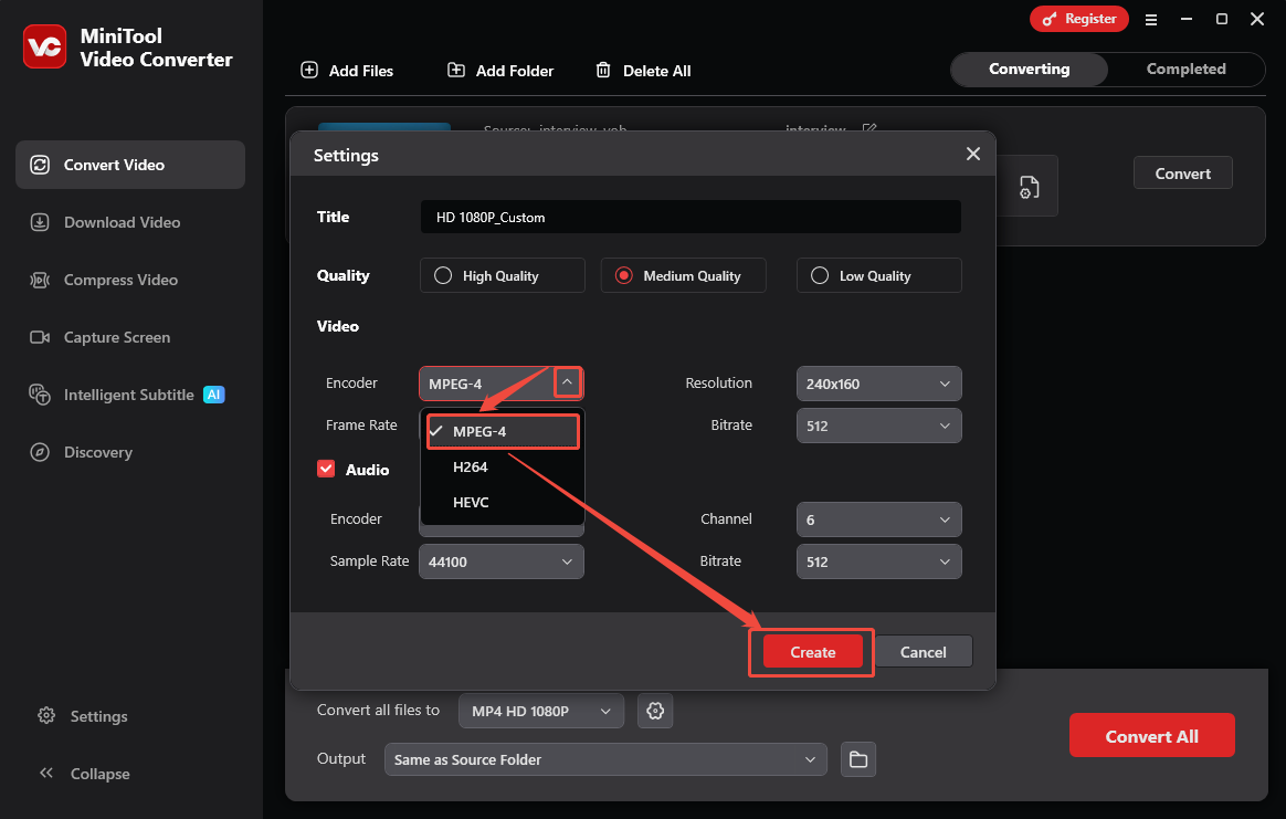 MiniTool Video Converter Settings window showing how to set MPEG-4 for the converted video in the Convert Video tab.