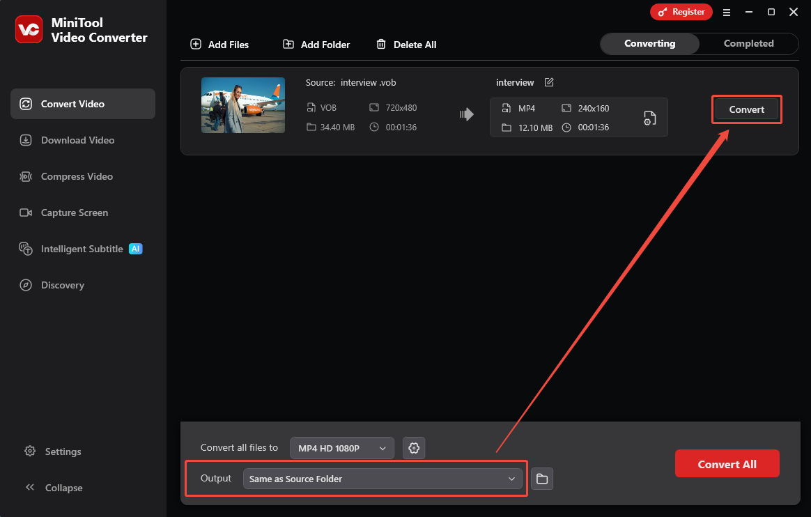 MiniTool Video Converter interface with the Output option and the Convert button selected in the Convert Video tab.