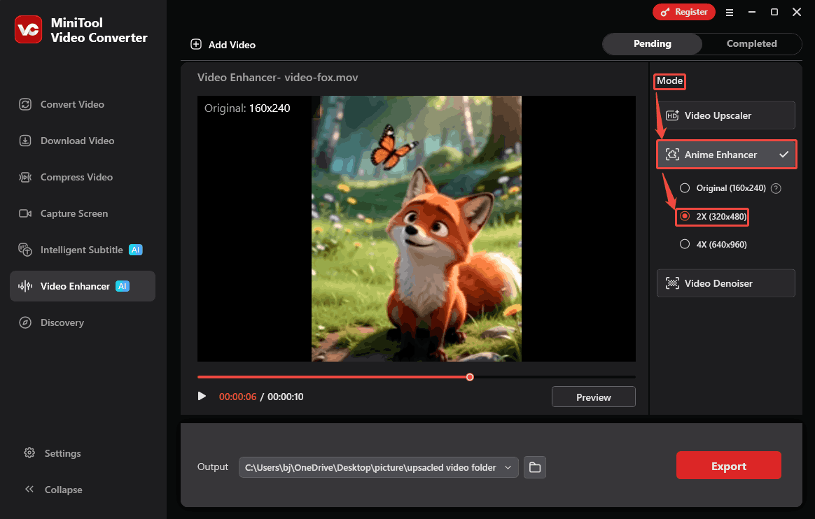 MiniTool Video Converter interface showing how to choose a proper enhancement option in the Video Enhancer tab.