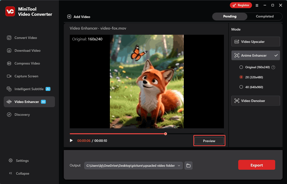 MiniTool Video Converter interface with the Preview button selected in the Video Enhancer tab.