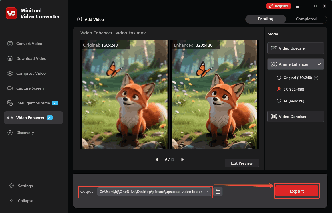 MiniTool Video Converter interface with the Output option and the Export button selected in the Video Enhanced tab.