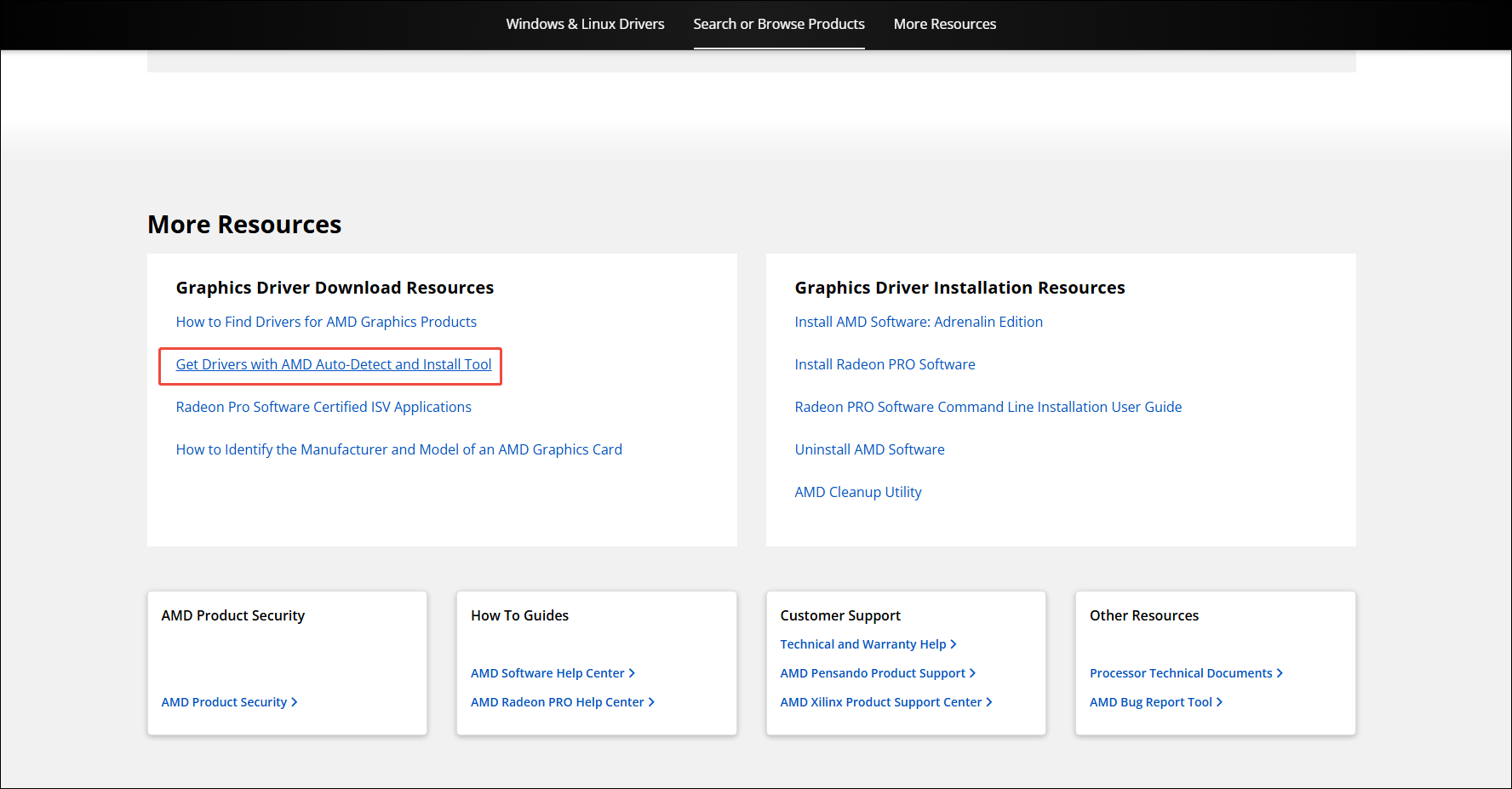 AMD Drivers and Support webpage with the Get Drivers with AMD Auto-Detect and Install Tool option selected.