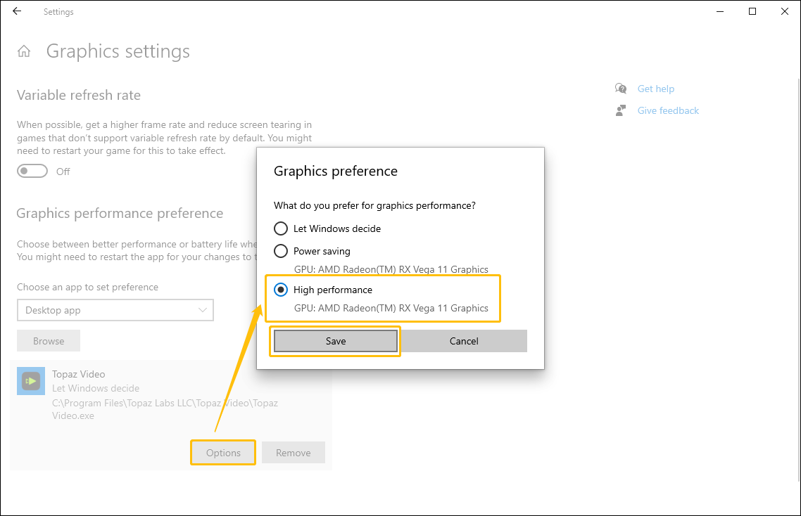 Windows Settings window showing how to set the Topaz Video app in High performance.