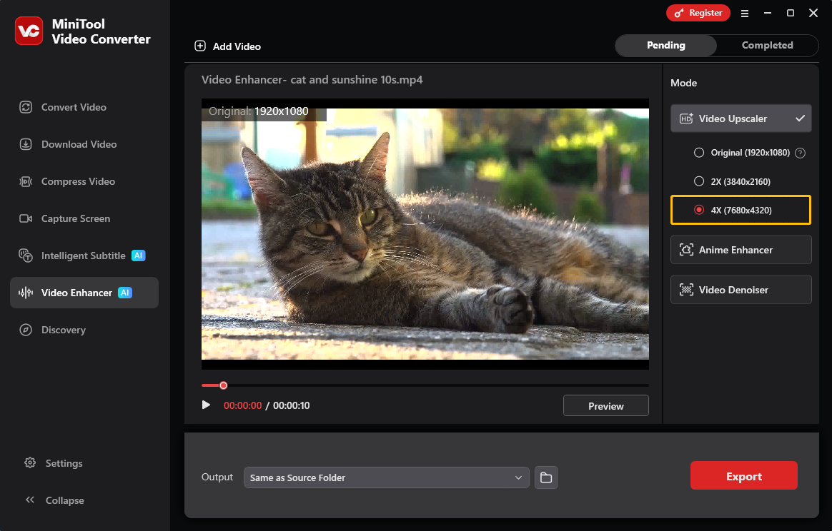 MiniTool Video Converter Video Enhancer interface with the 4X option selected under the Video Upscaler drop down list.