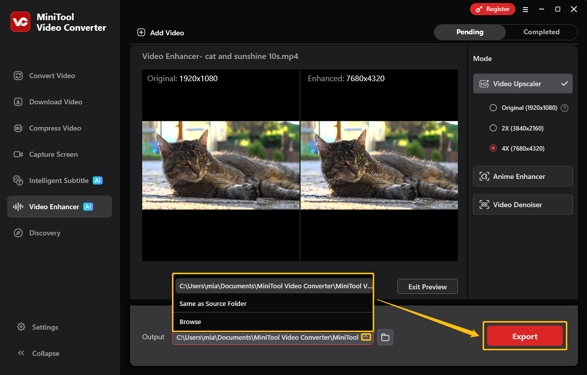 MiniTool Video Converter Video Enhancer interface showing how to choose the output folder and export the enhanced video.