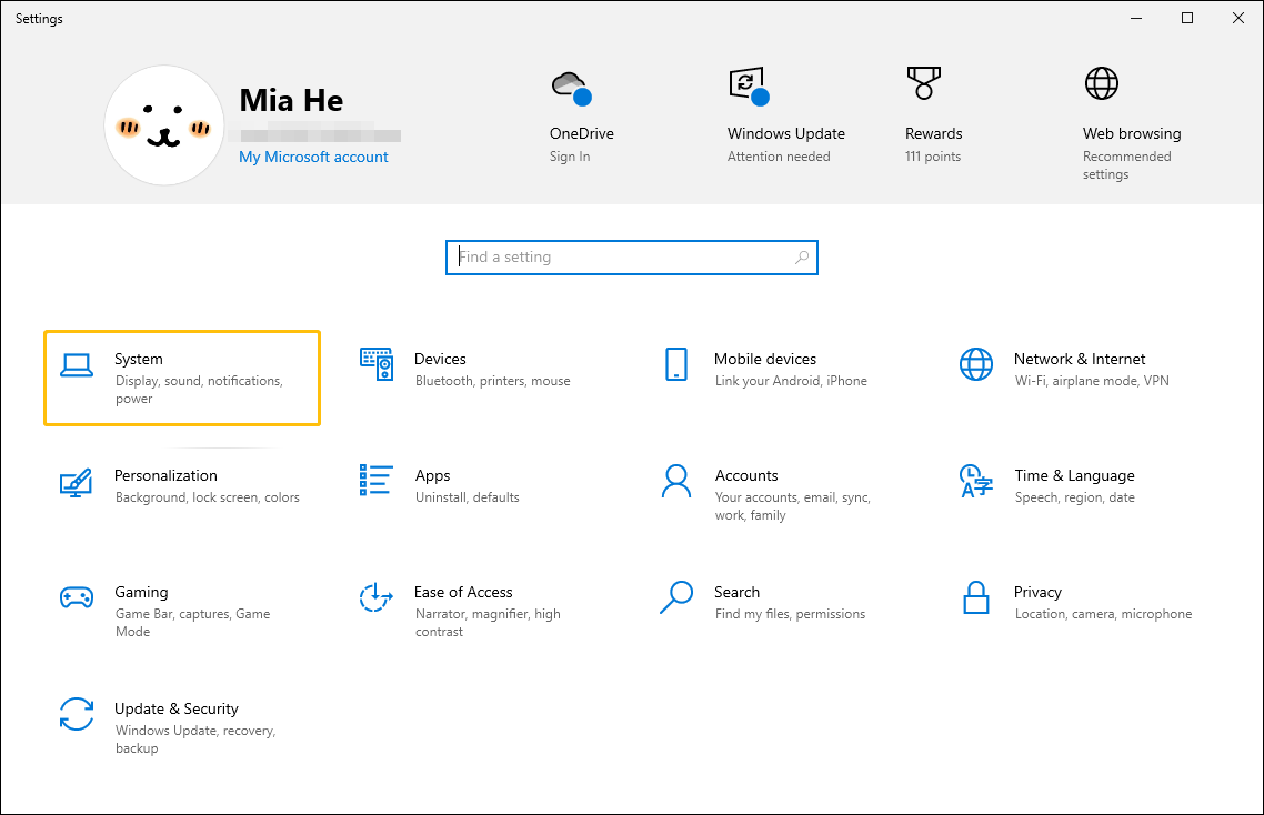 Windows Settings window with the System option selected.