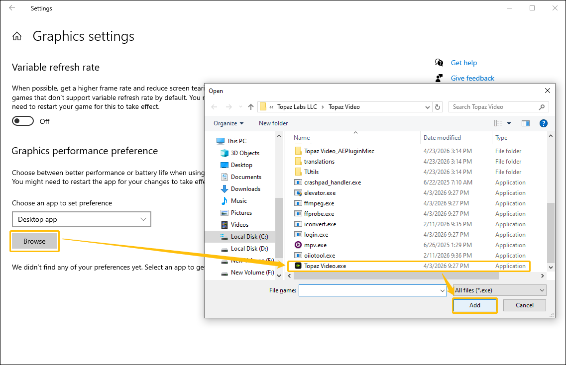 Windows Settings window showing how to select the Topaz Video exe file.