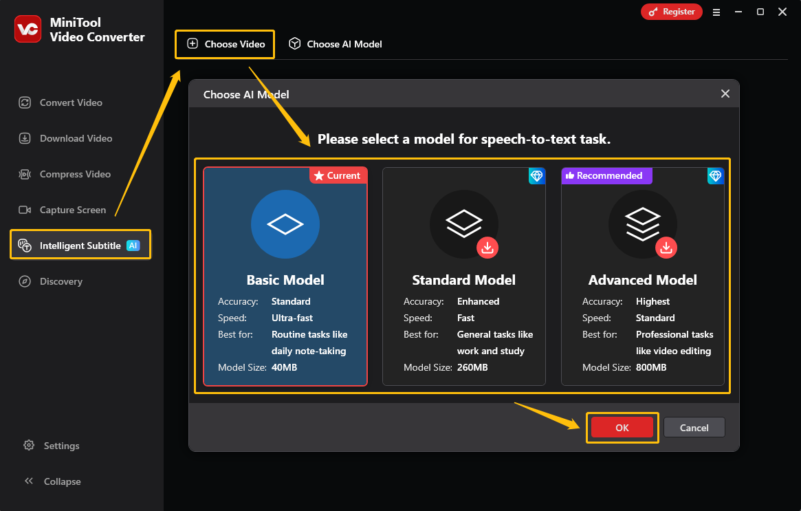 MiniTool Video Converter Intelligent Subtitle interface showing how to choose an AI model.