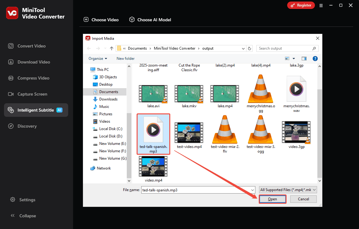 MiniTool Video Converter Intelligent Subtitle interface showing how to upload an audio.