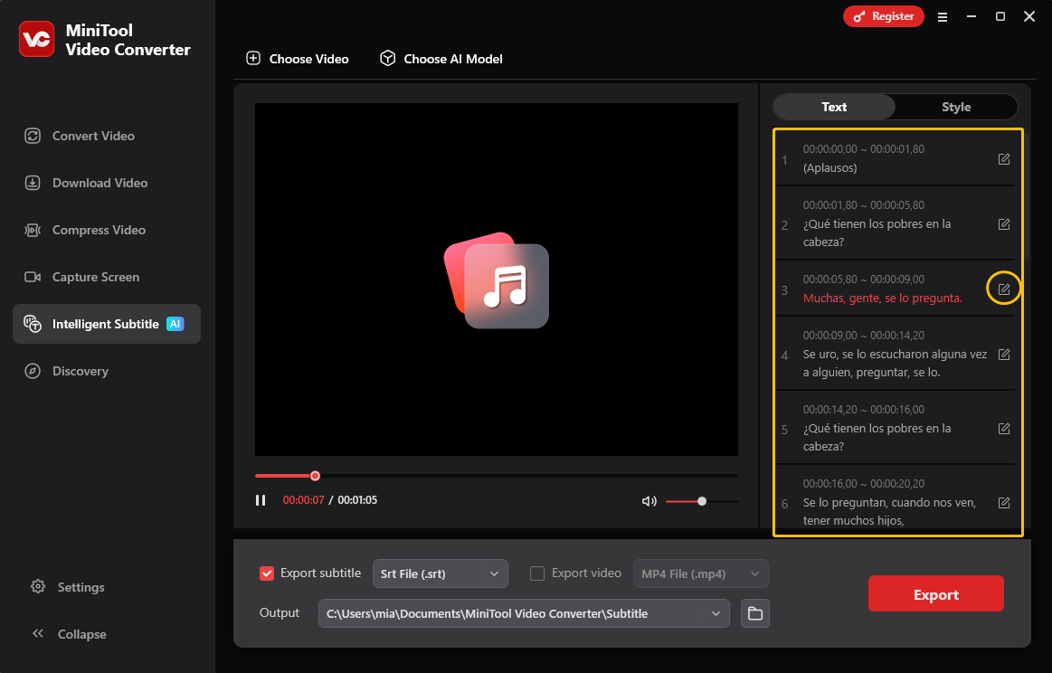 MiniTool Video Converter Intelligent Subtitle interface with the text section and the edit icon selected.