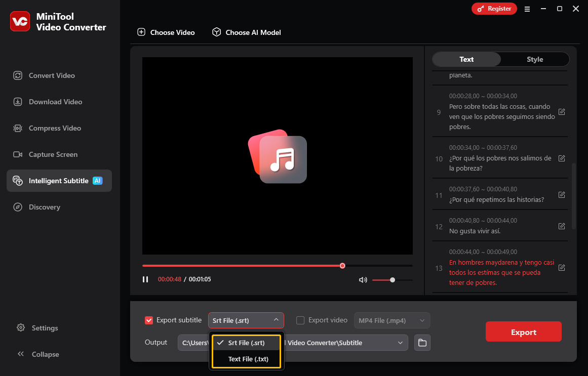 MiniTool Video Converter Intelligent Subtitle interface with the Export subtitle option expanded.