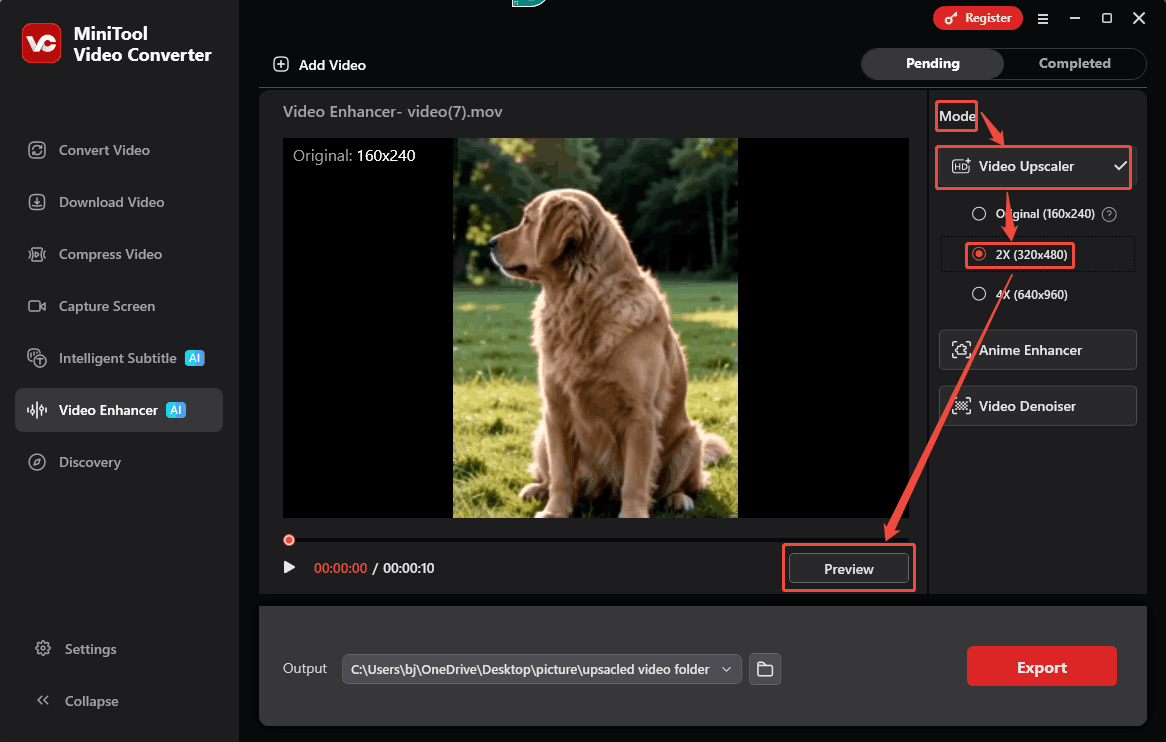 MiniTool Video Converter Mode section showing how to set 1080p as the output resolution in the Video Enhancer tab.