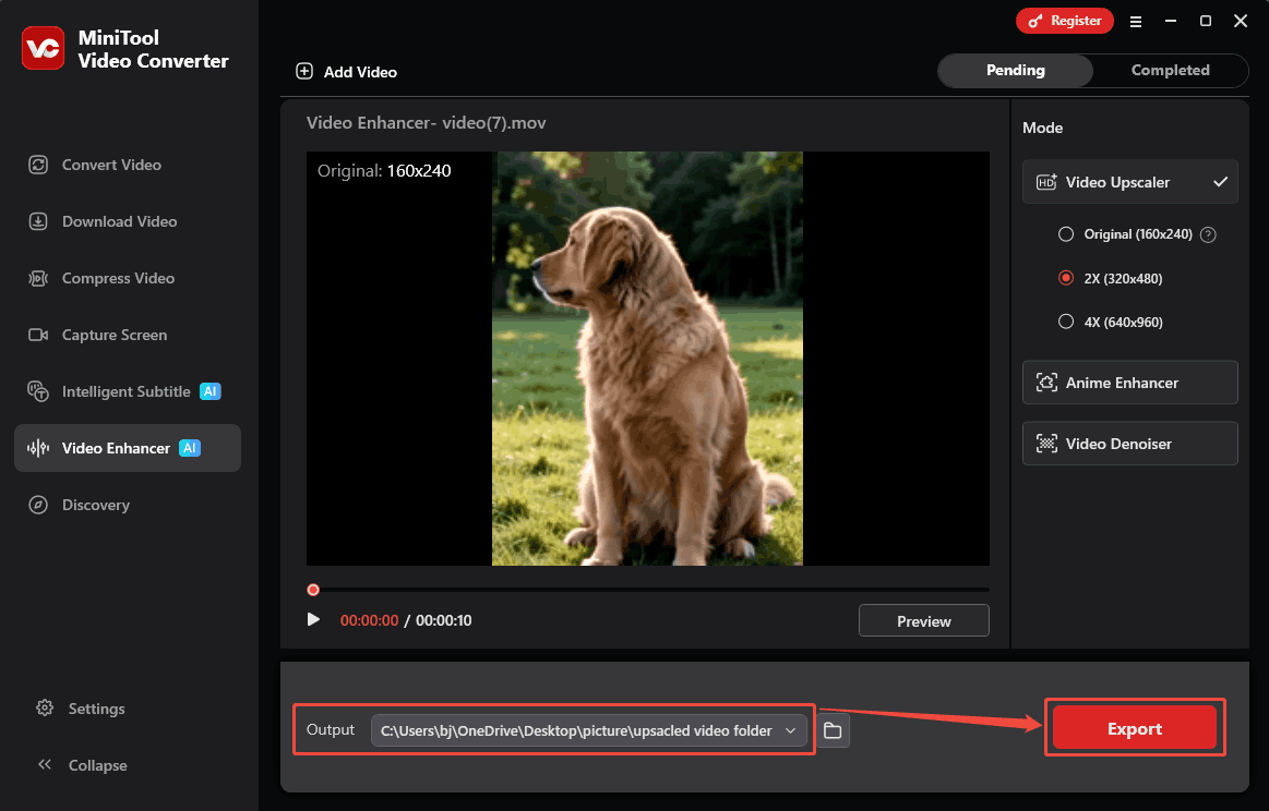 MiniTool Video Converter interface with the Output option and the Export button selected in the Video Enhancer tab.