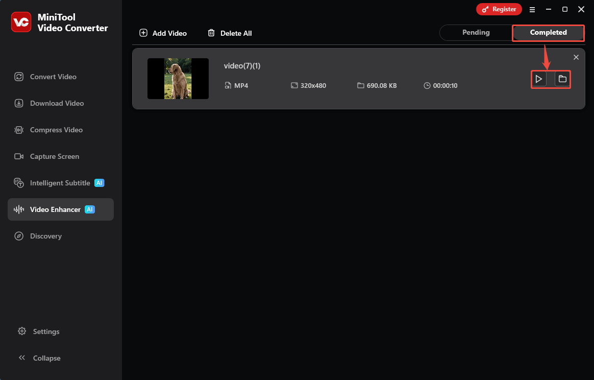 MiniTool Video Converter Completed tab with the Play icon and the Folder icon selected in the Video Enhancer tab.