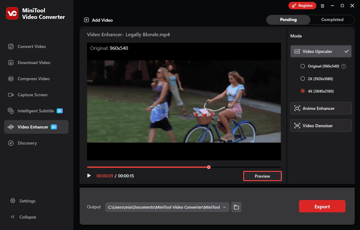 MiniTool Video Converter Video Enhancer interface with the Preview option selected.