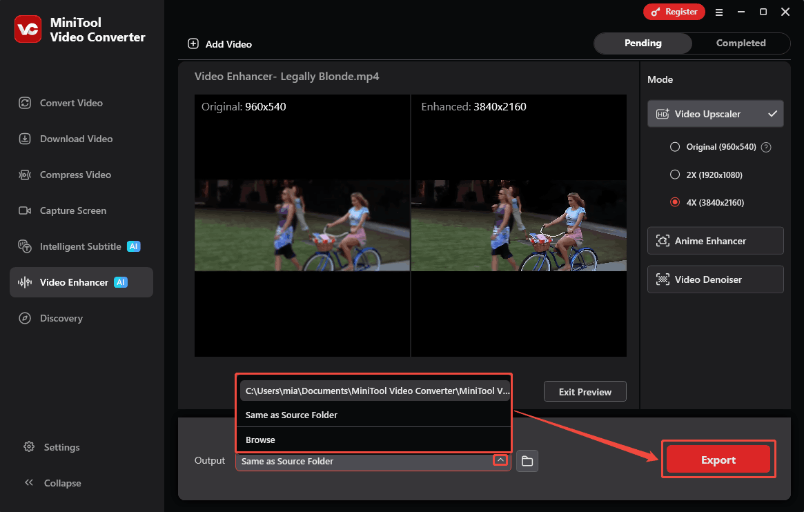 MiniTool Video Converter Video Enhancer interface showing how to choose the output folder and export the enhanced video.