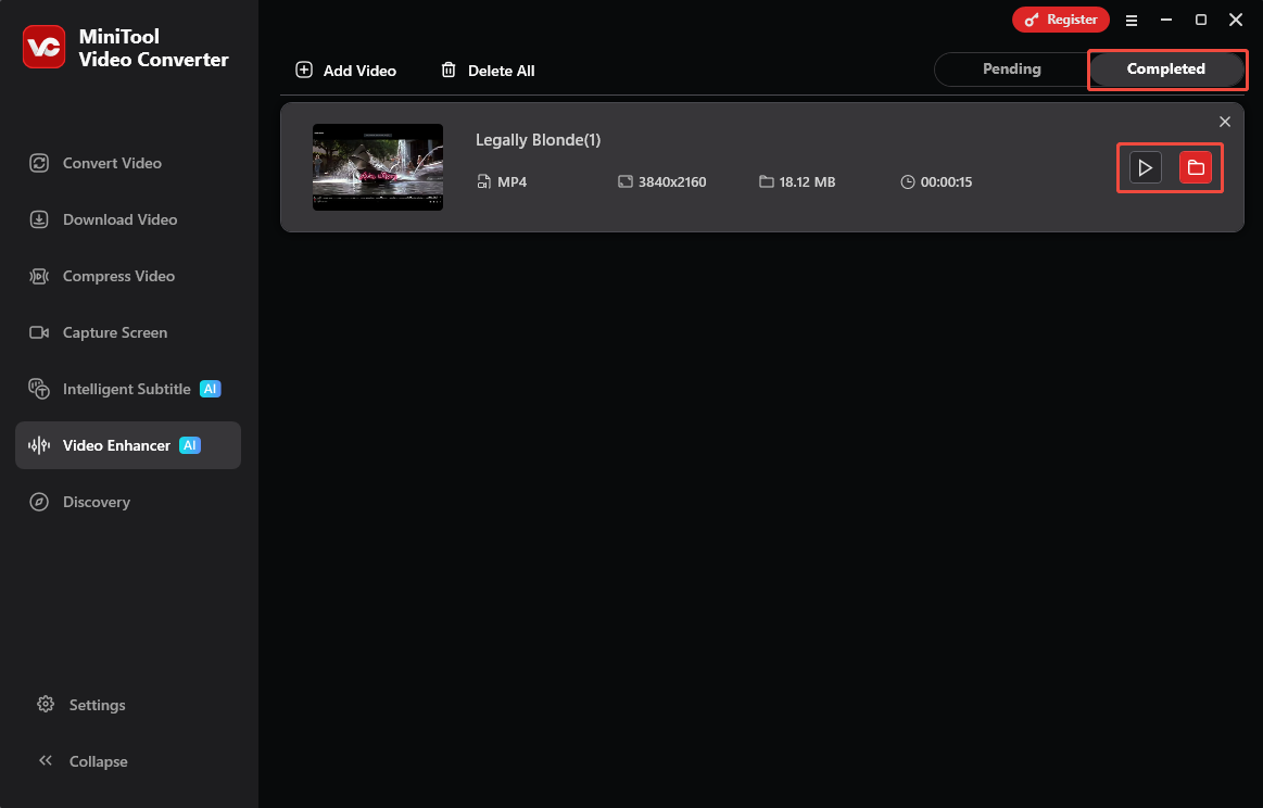 MiniTool Video Converter Video Enhancer interface with the play icon and folder icon selected under the Completed tab.