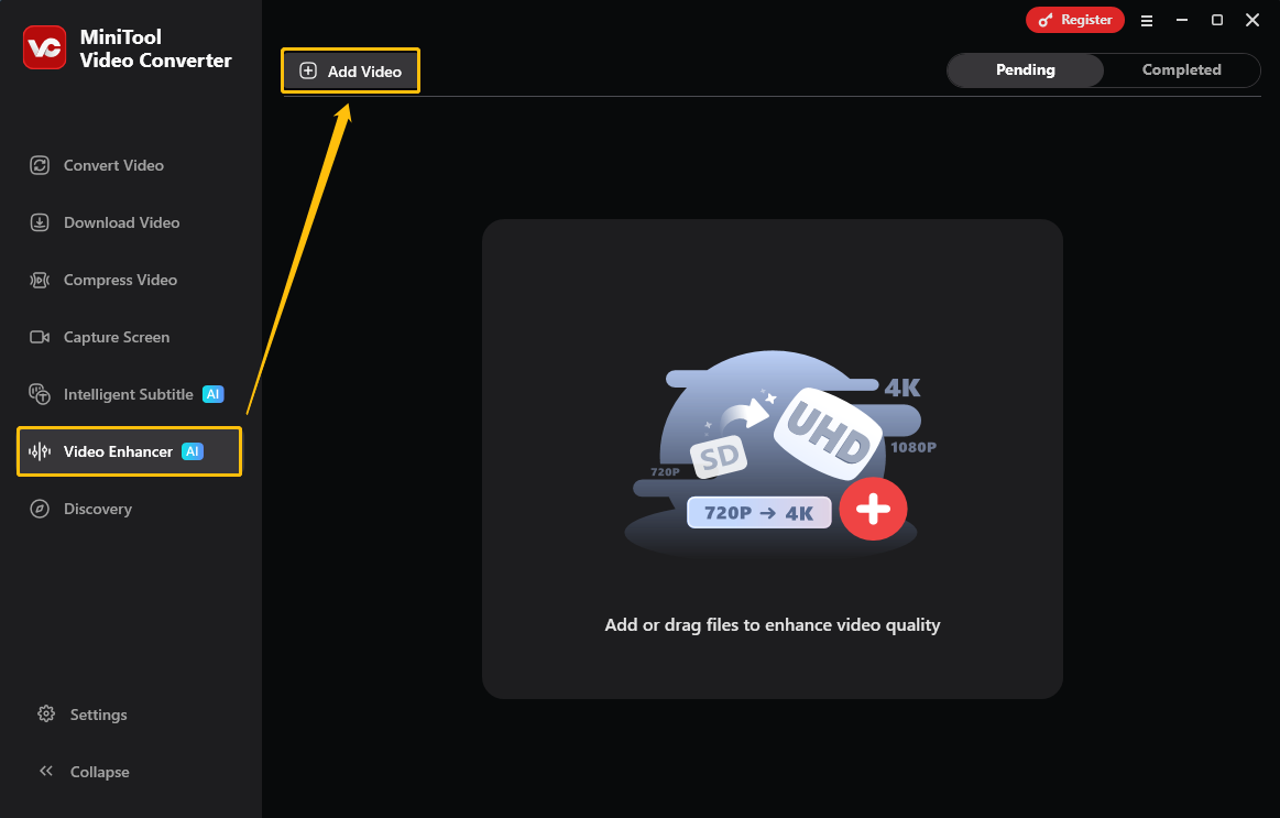 MiniTool Video Converter interface with the Add Video option selected under the Video Enhancer tab.