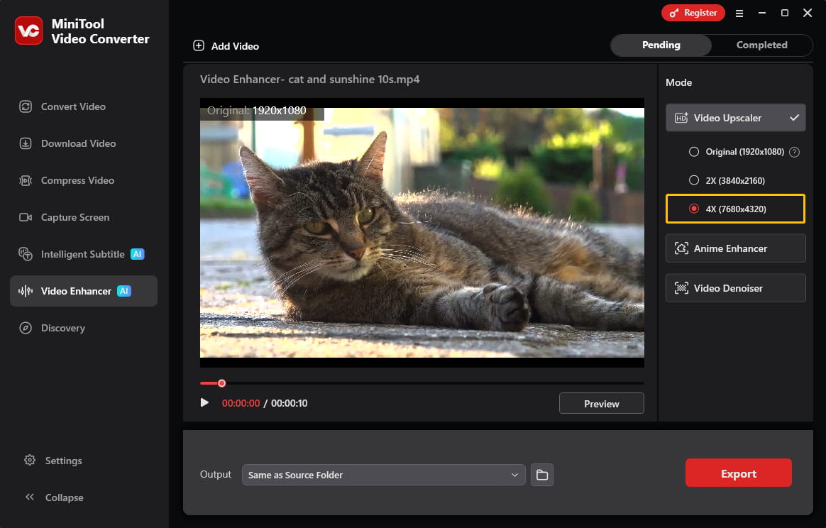 MiniTool Video Converter Video Enhancer interface with the 4X option selected under the Video Upscaler drop down list.