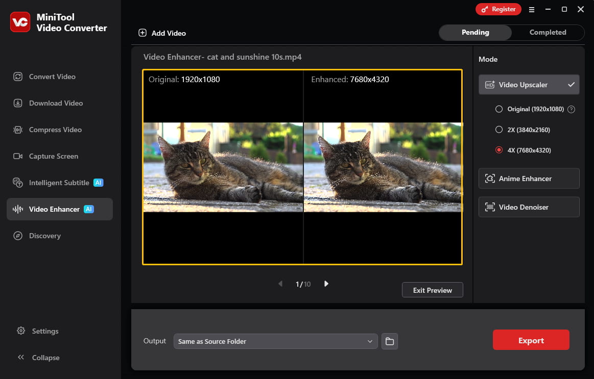 MiniTool Video Converter Video Enhancer interface showing a side by side preview of original and enhanced video.