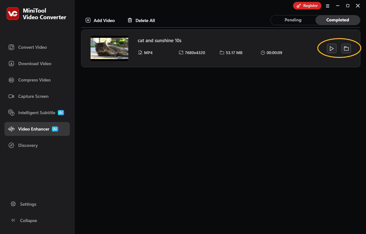 MiniTool Video Converter Video Enhancer interface with the play icon and folder icon selected under the Completed tab.