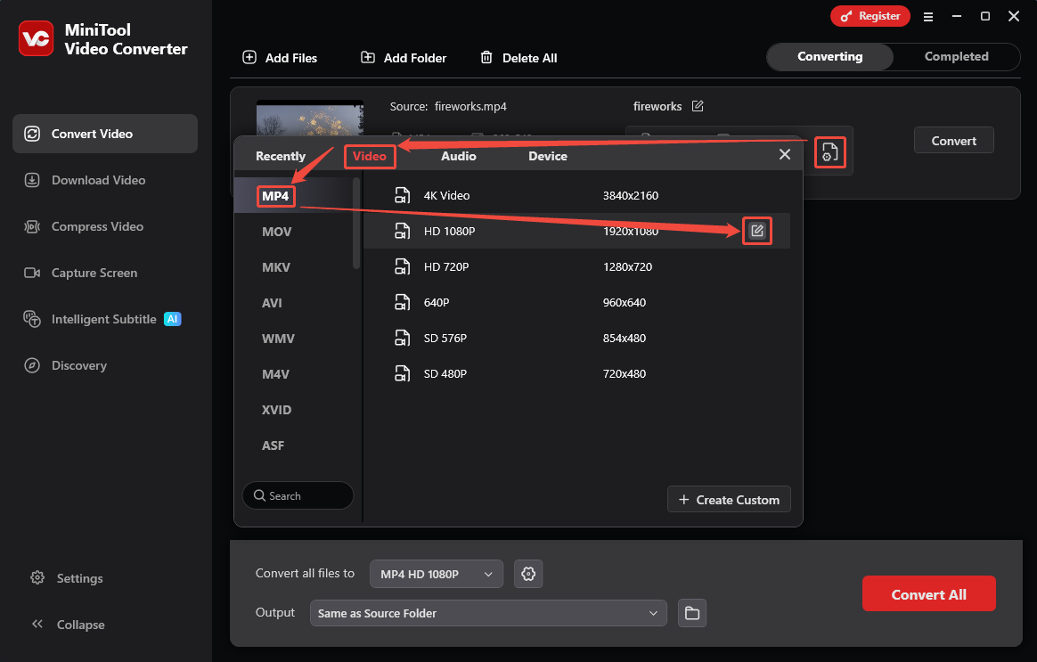 MiniTool Video Converter format options window showing how to open the Settings window in the Convert Video tab.