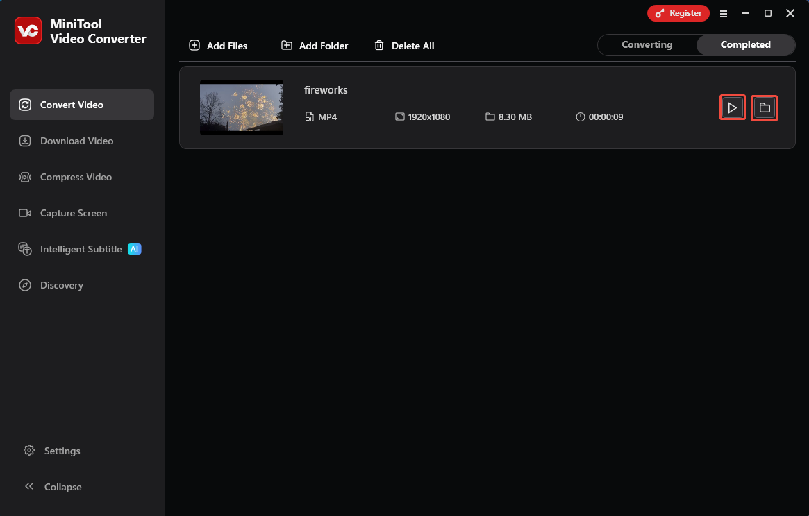 MiniTool Video Converter Completed tab with the Play icon and the Folder icon selected in the Convert Video tab.