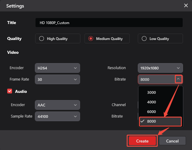 Das Einstellungsfenster von MiniTool Video Converter zeigt, wie man die Bitrate auf der Registerkarte „Video konvertieren“ ändert.