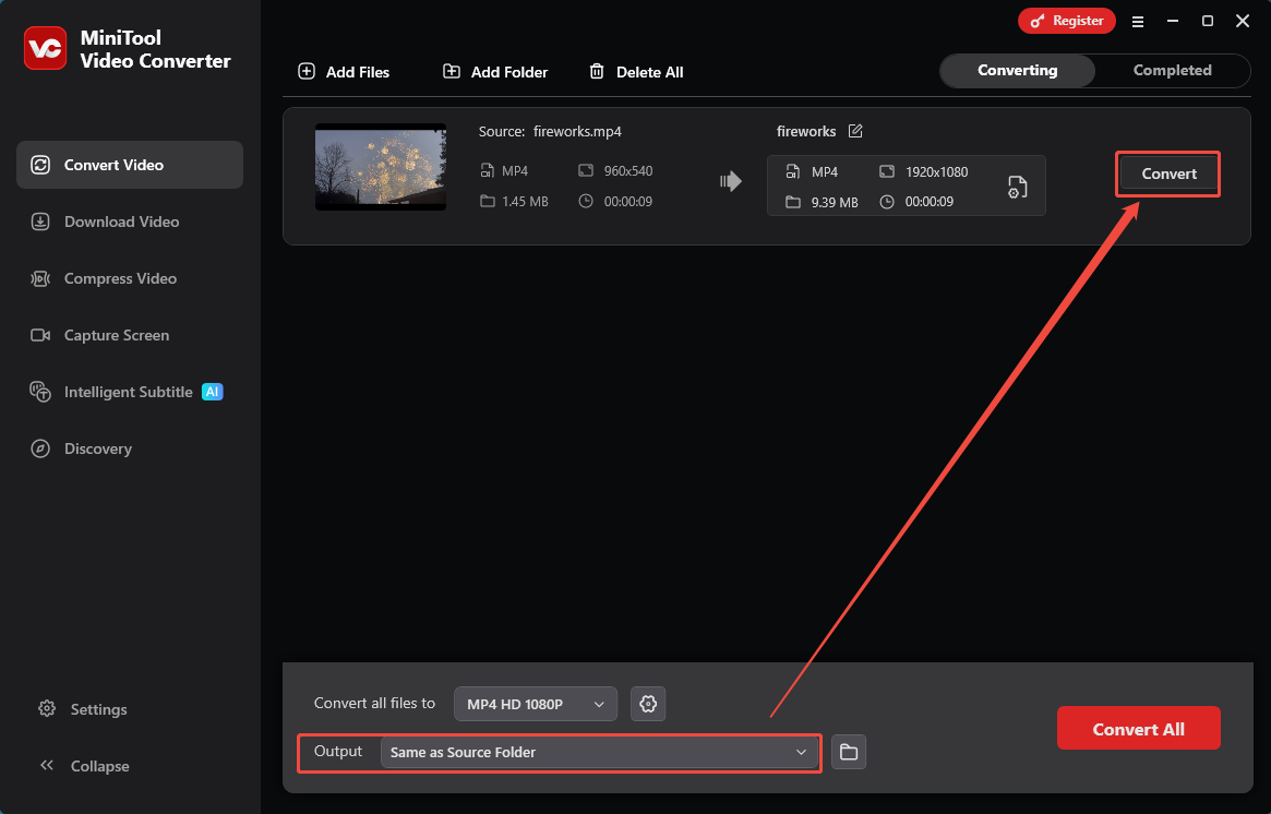 Die Benutzeroberfläche von MiniTool Video Converter mit der Option „Ausgabe“ und der Schaltfläche „Konvertieren“, die auf der Registerkarte „Video konvertieren“ ausgewählt sind.