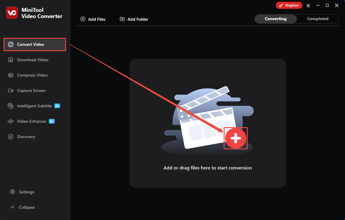 MiniTool Video Converter interface with the Convert Video tab and the Plus icon selected.