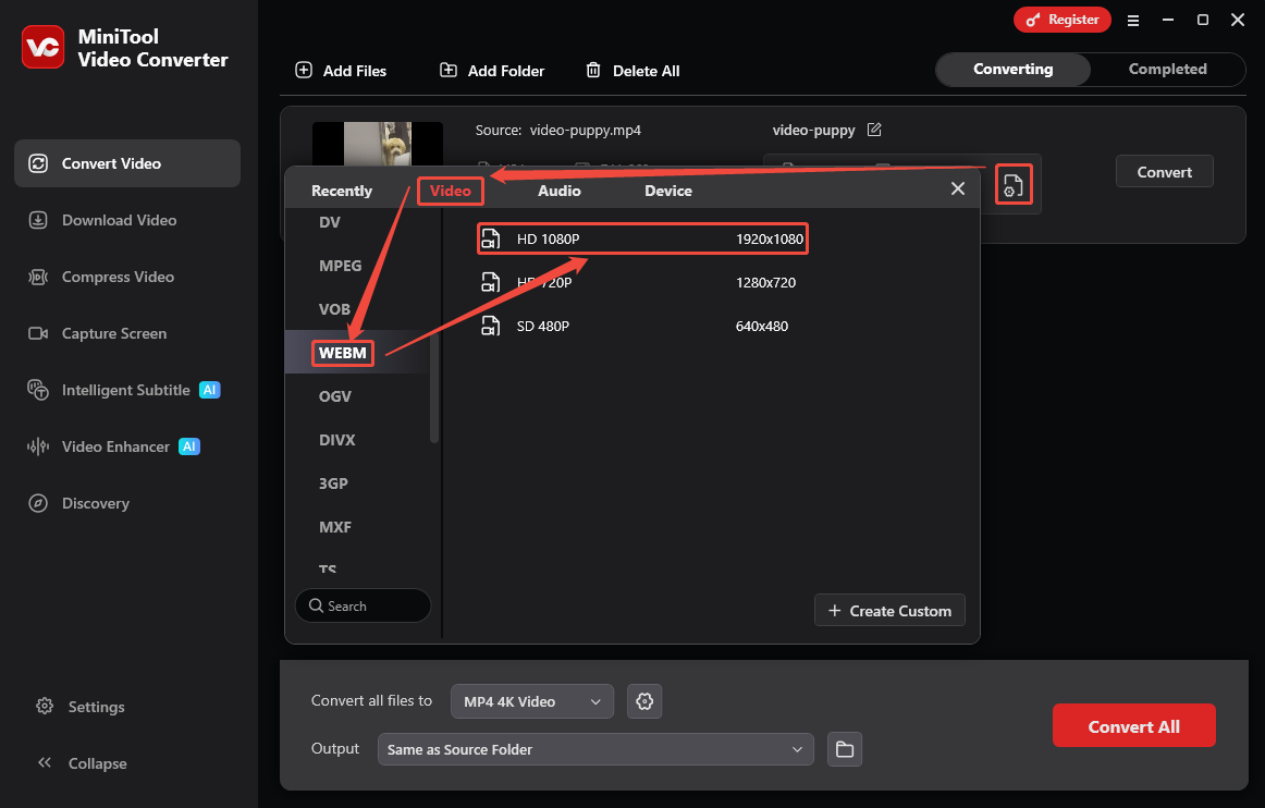 MiniTool Video Converter output settings window showing how to set WebM as the output format in the Convert Video tab.