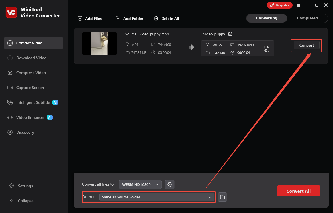 MiniTool Video Converter interface with the Output option and the Convert button selected in the Convert Video tab.