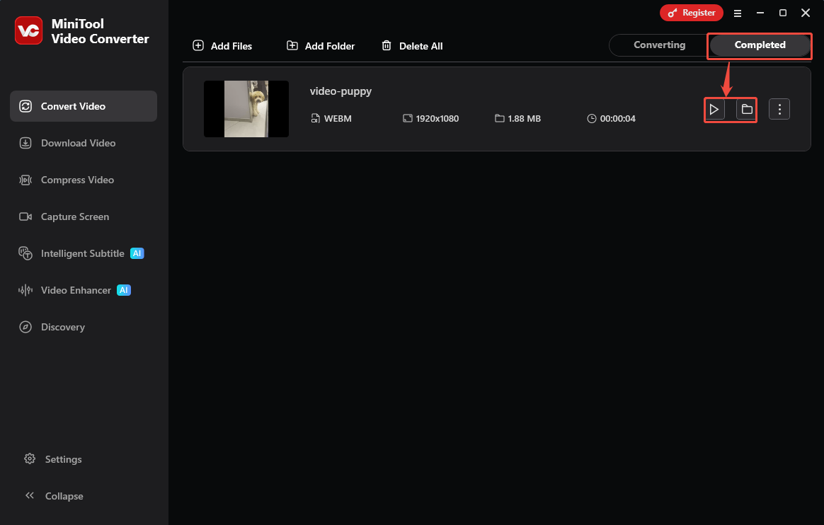MiniTool Video Converter Completed tab with the Play icon and the Folder icon selected in the Convert Video tab.