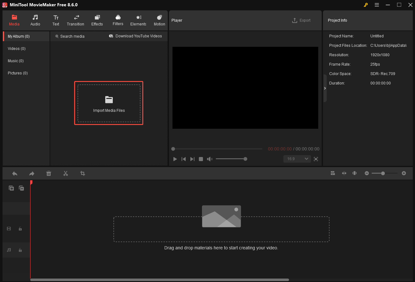 MiniTool MovieMaker interface with the Import Media Files option selected.