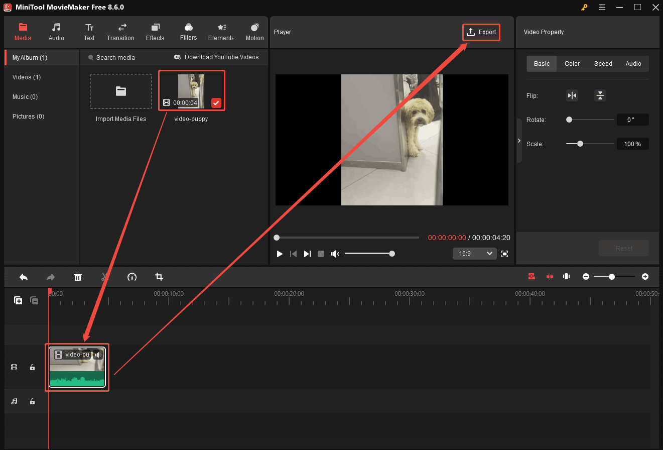 MiniTool MovieMaker interface showing how to drag MP4 video onto the timeline and open the Export window.