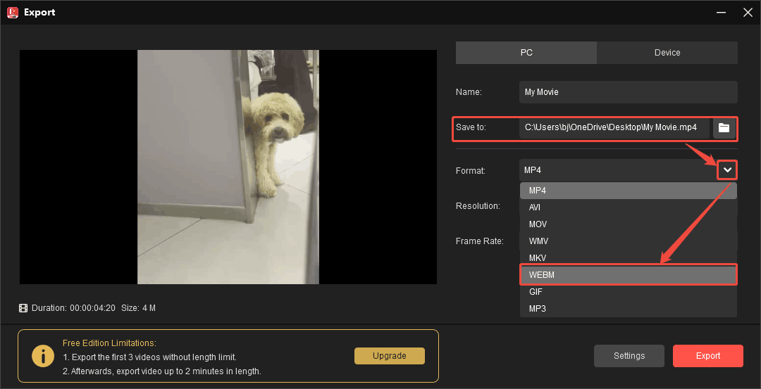 MiniTool MovieMaker Export window showing how to set storage location and format for the output video.